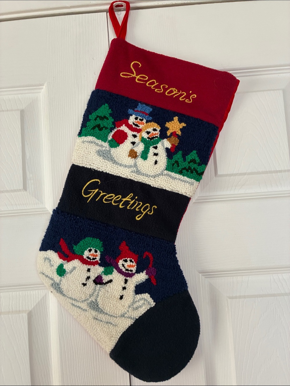 Vintage wool handhooked holiday stocking snowman & wife